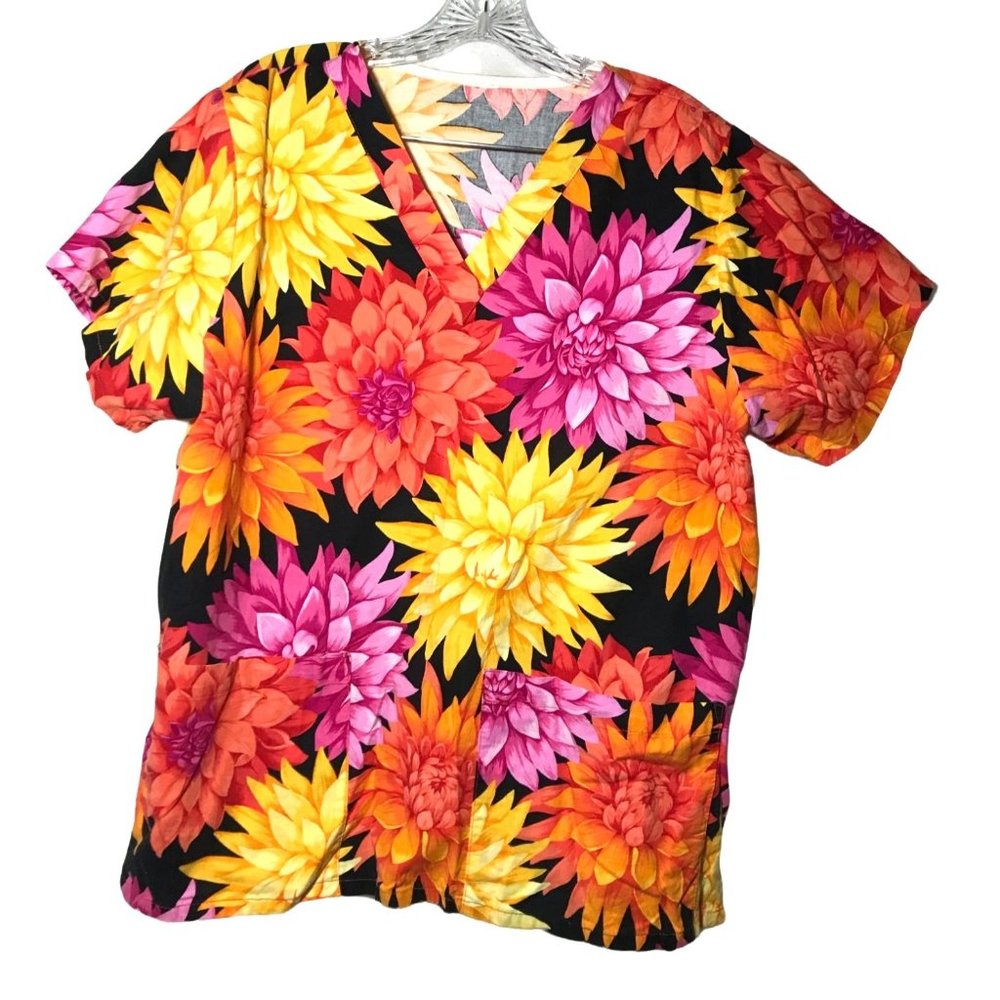Womens Cotton Floral Print Scrub Top Size Medium Orange Yellow Pink Black